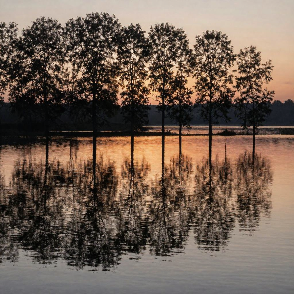 A row of trees reflected in a calm lake at sunset, with the 
