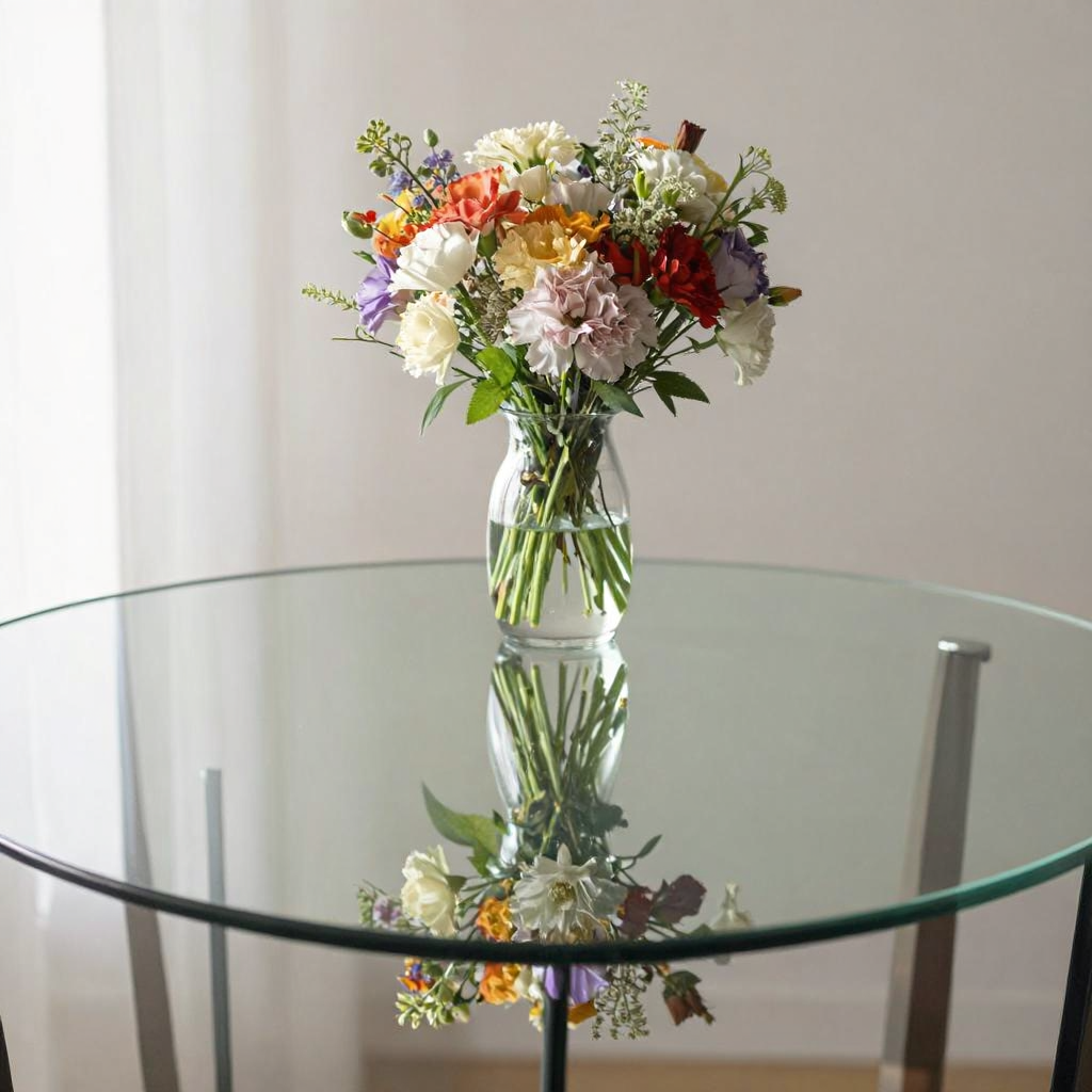 A vase of flowers on a glass table with a clear reflection v