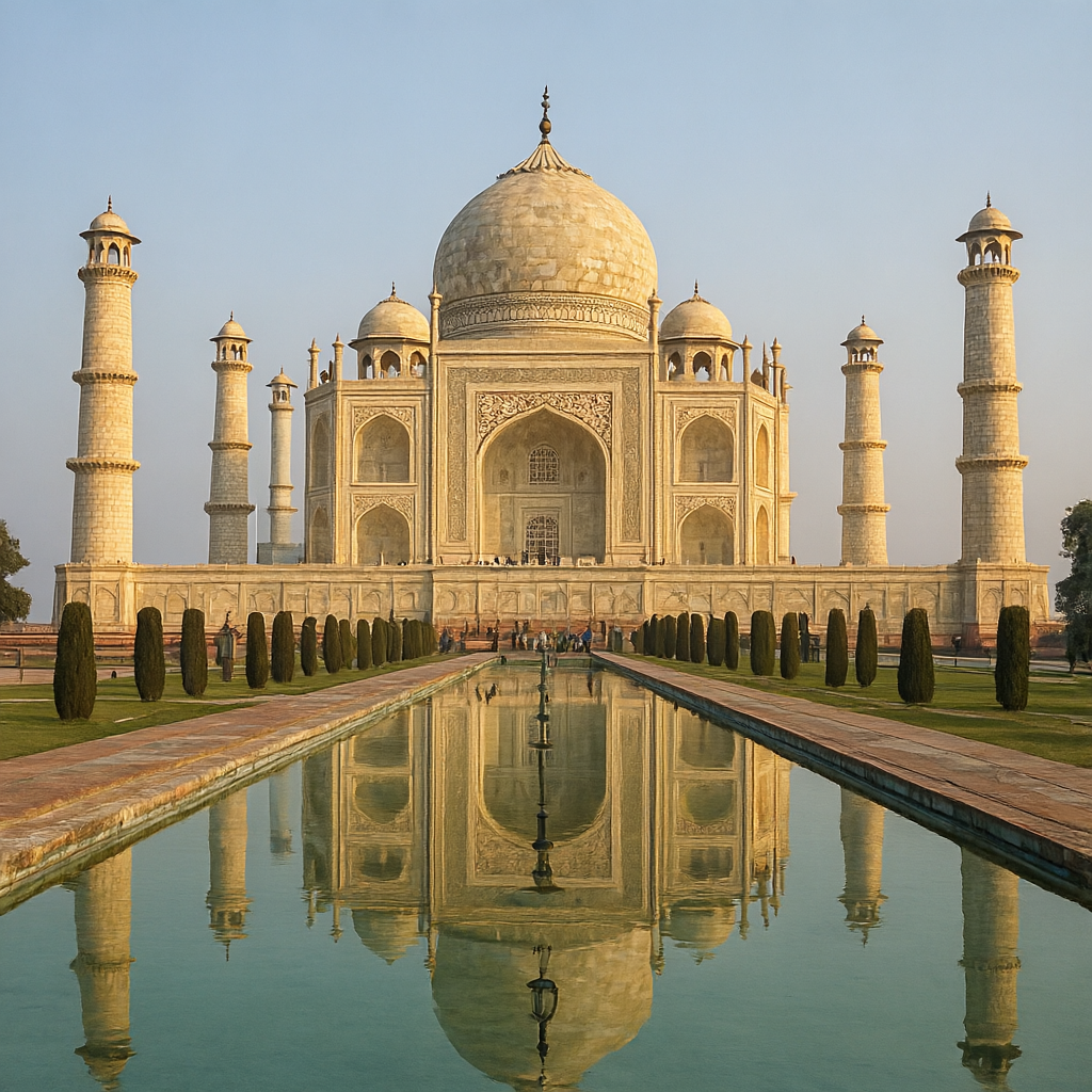 The Taj Mahal in Agra seen from the reflecting pool, with ac