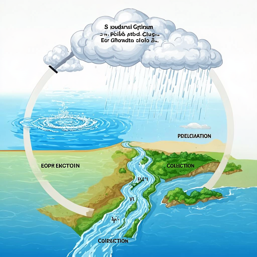 A detailed diagram of the water cycle showing evaporation fr
