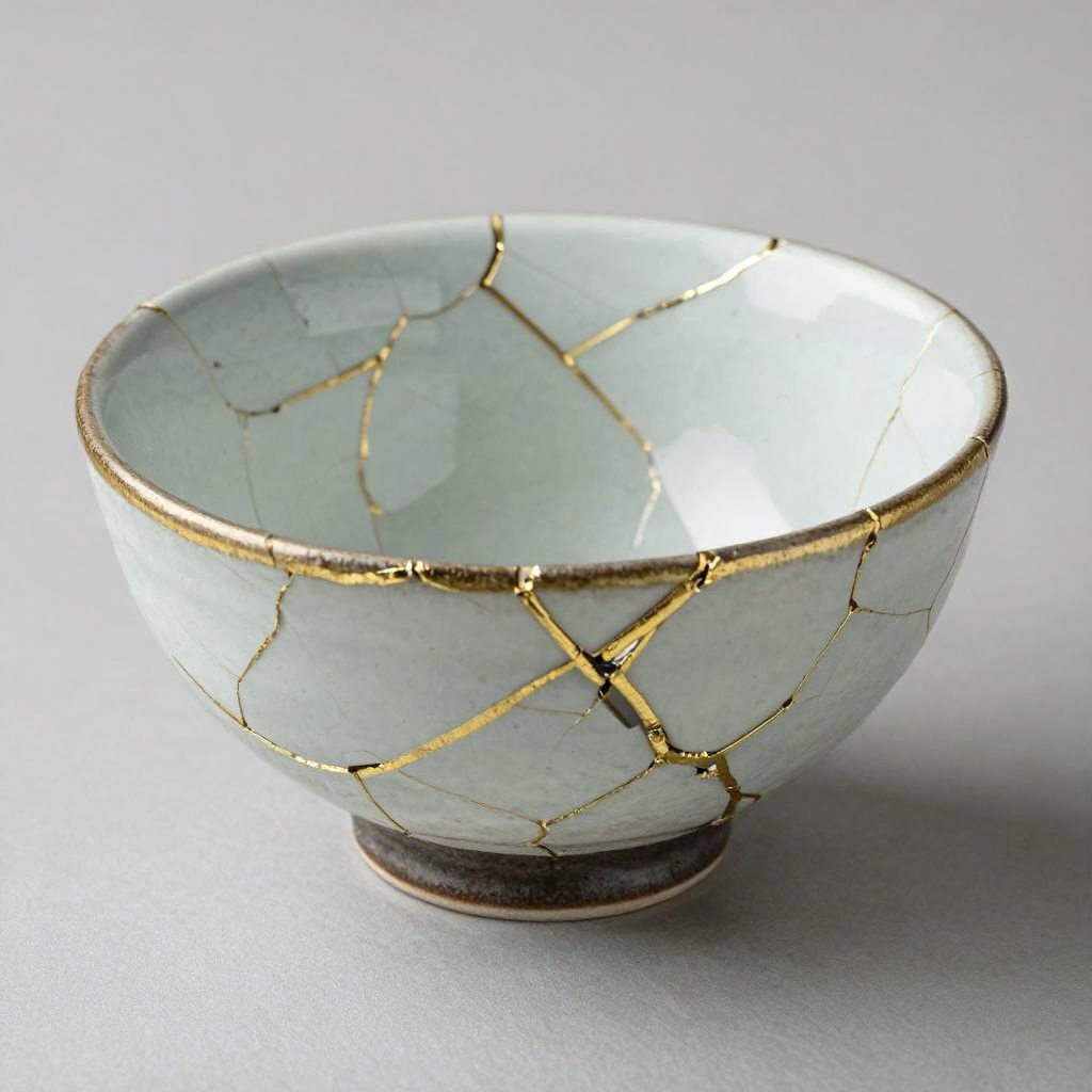 A Japanese kintsugi bowl — cracked ceramic repaired with vis