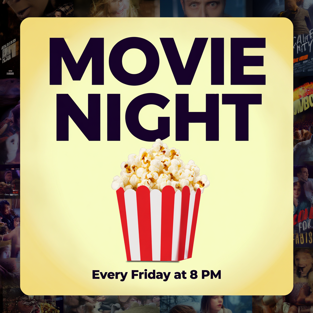 A movie night poster with a large popcorn image in the cente