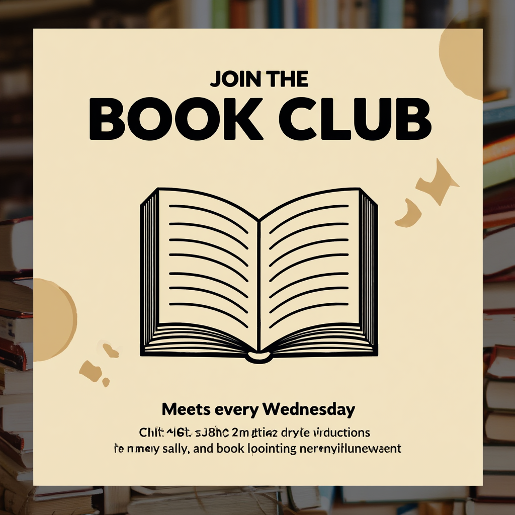 A book club poster with an open book illustration, the title