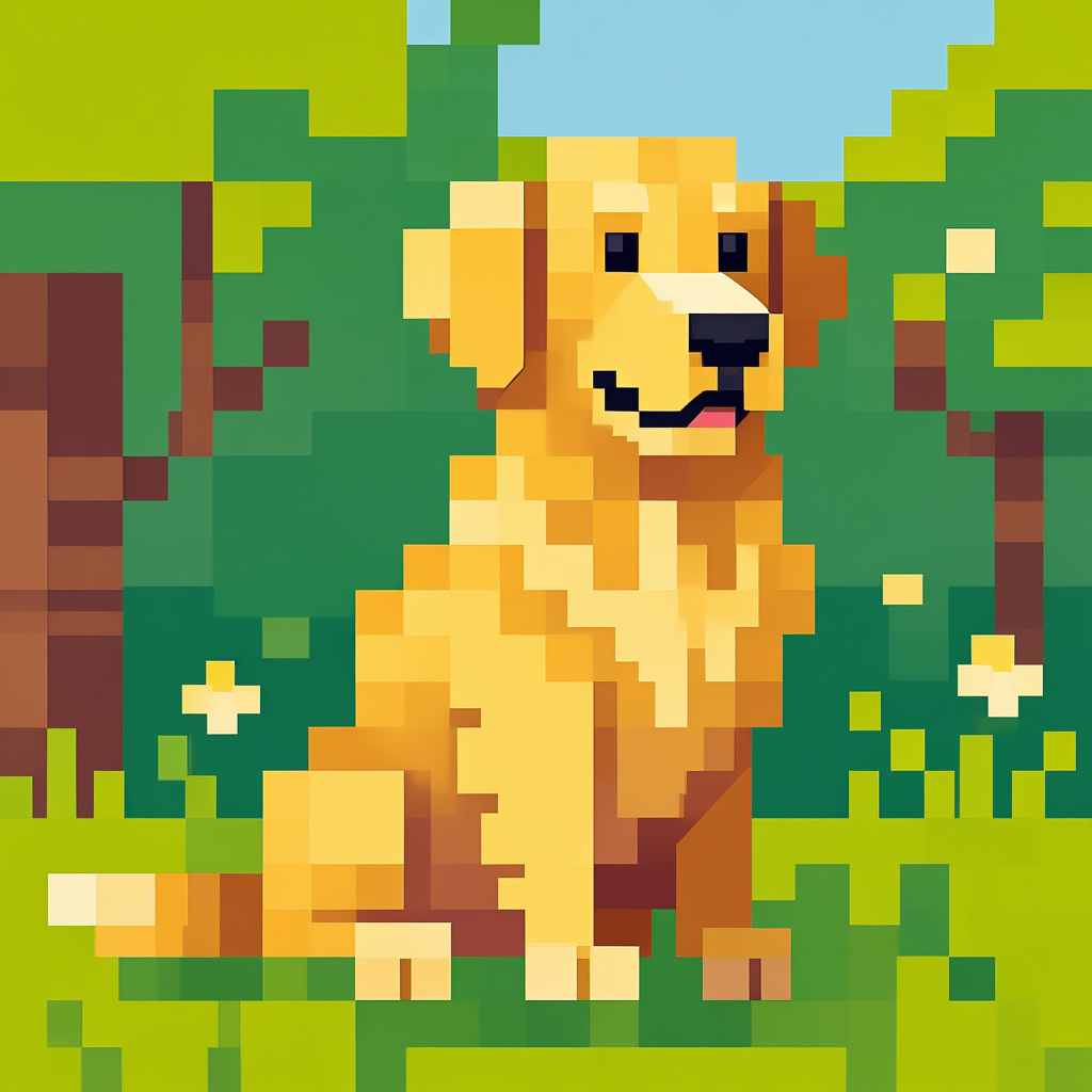 A golden retriever sitting in a garden, rendered in pixel ar
