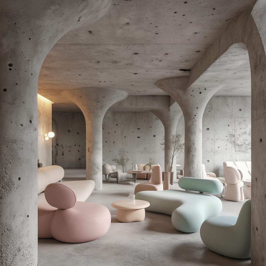 An interior scene rendered in soft brutalism — raw concrete 