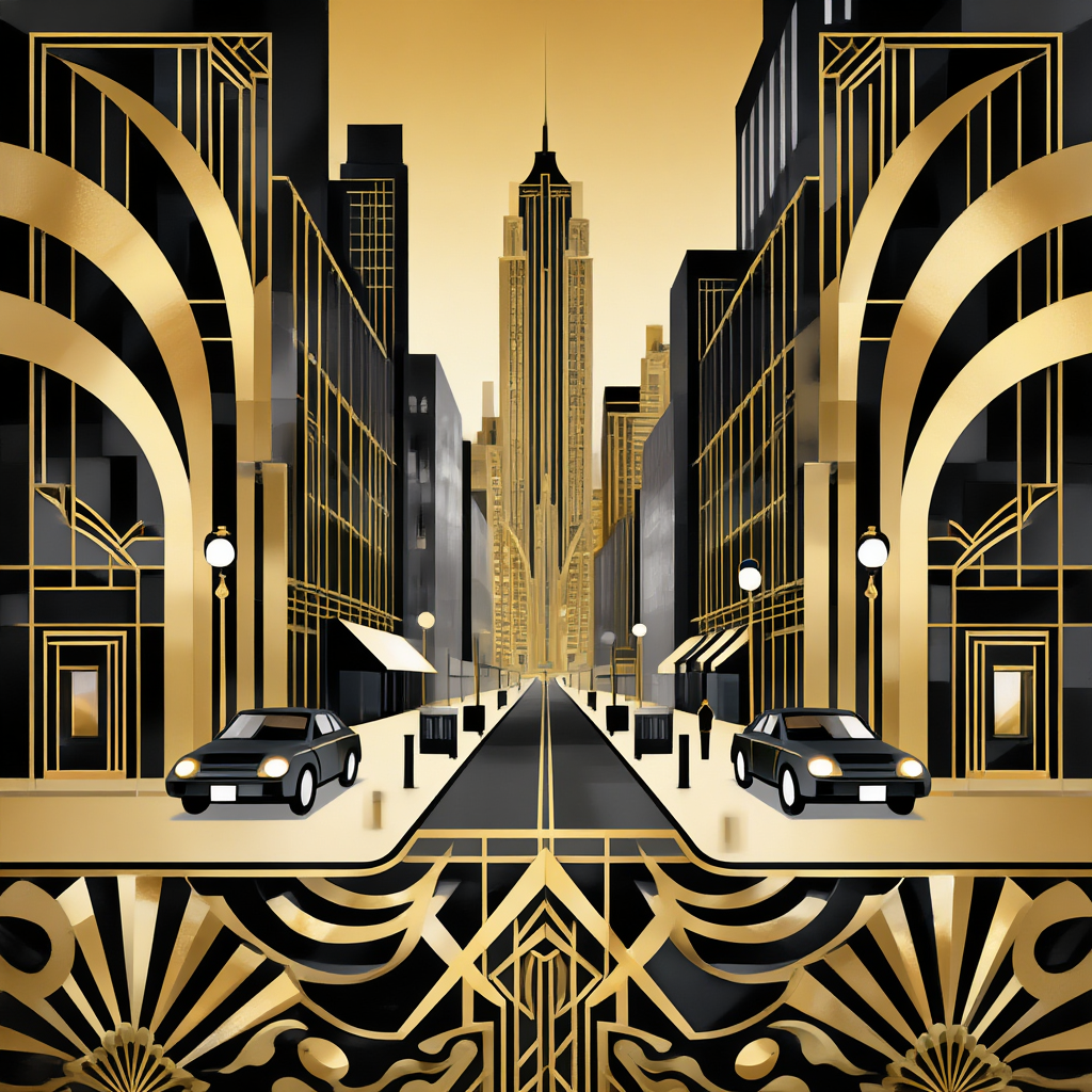A city street scene in the style of Art Deco — geometric sha