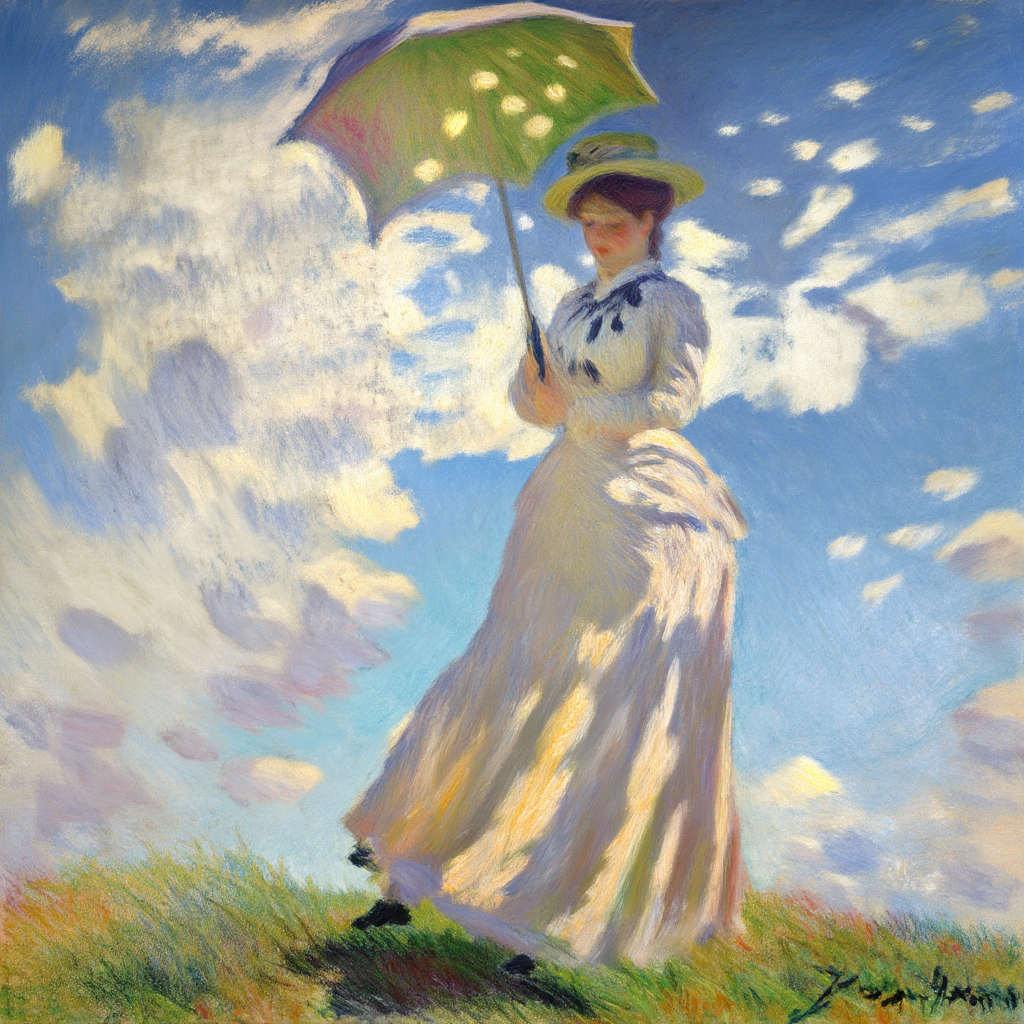 A woman with a parasol in the style of Impressionism — soft 