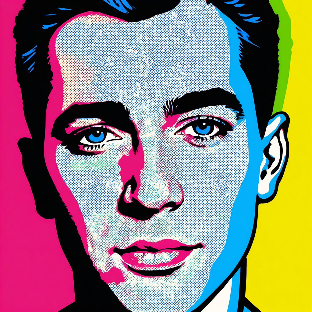 A portrait of a man in Pop Art style — bold outlines, Ben-Da