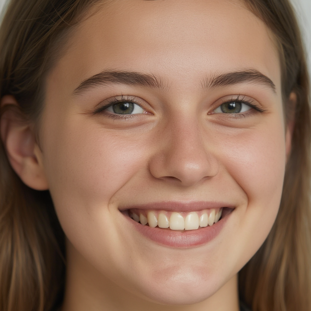 A close-up portrait of a young woman with a warm natural smi
