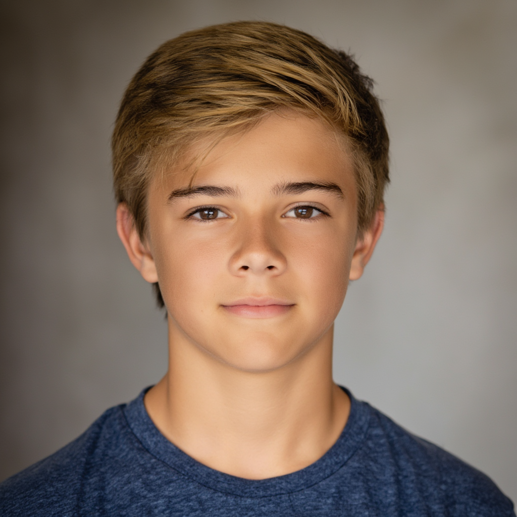 A headshot of a teenager with a relaxed, neutral face