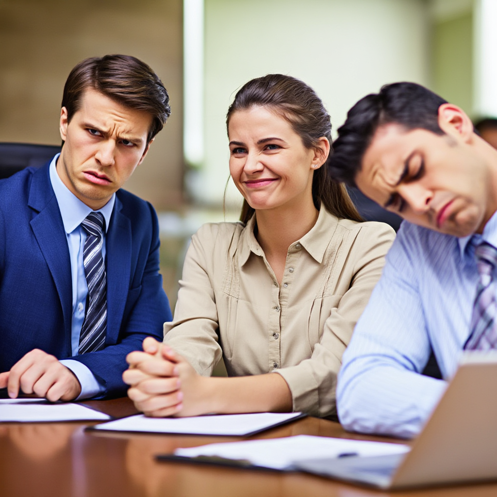 Three coworkers in a meeting: one looking frustrated with fu