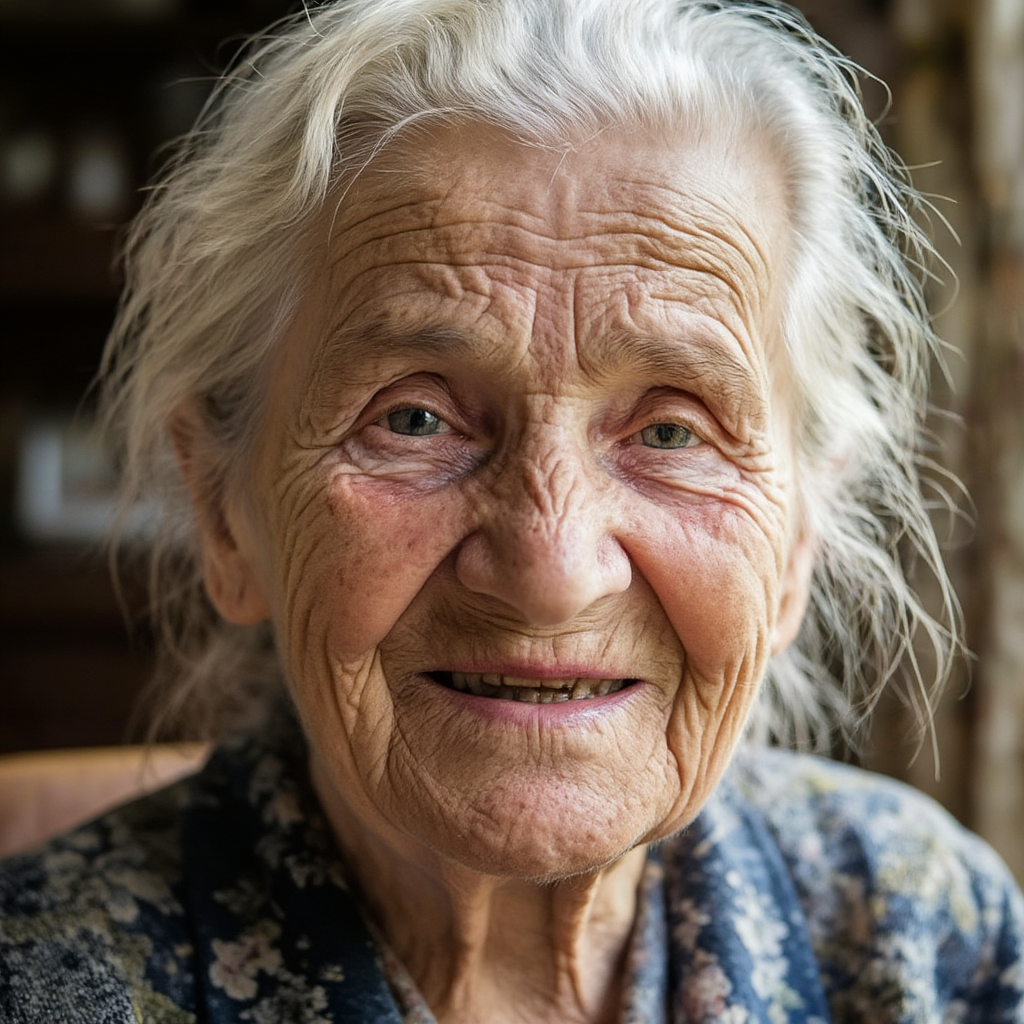 An elderly woman in her 80s with deep wrinkles and white hai