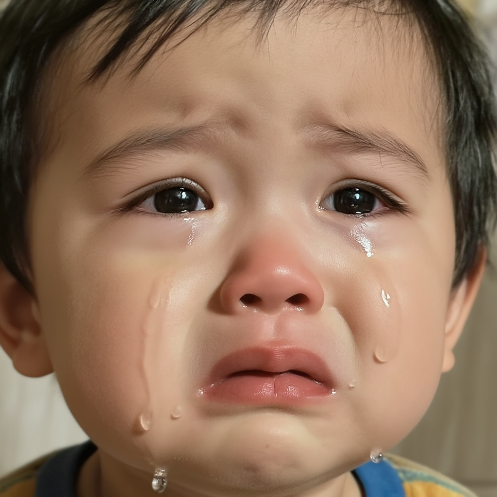 A 5-year-old child with round cheeks and large eyes, crying 