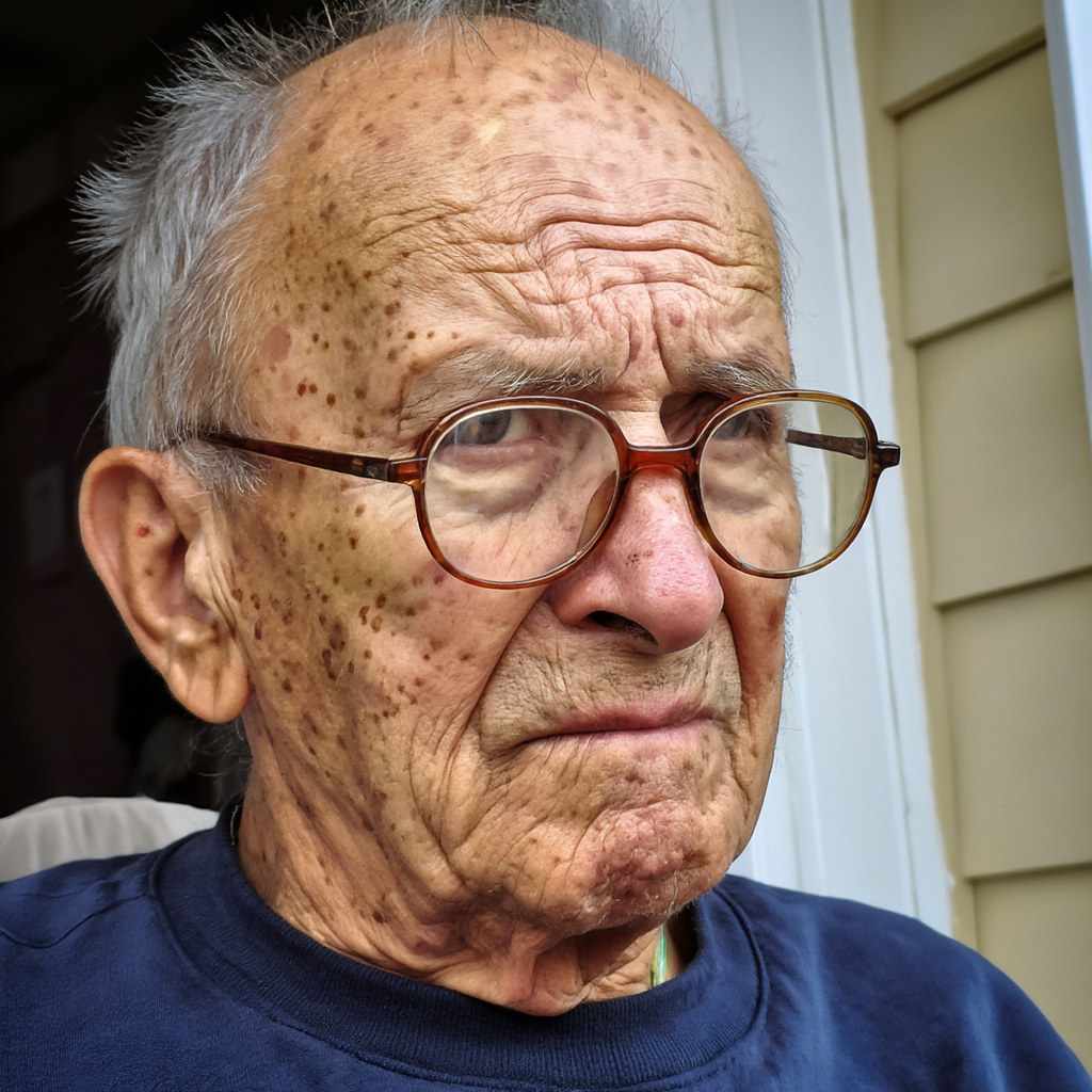 An elderly man in his 70s with age spots and thinning gray h
