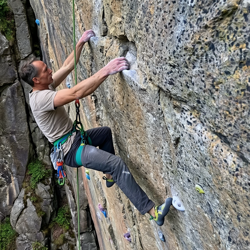 A rock climber clinging to a cliff face with arms and legs e
