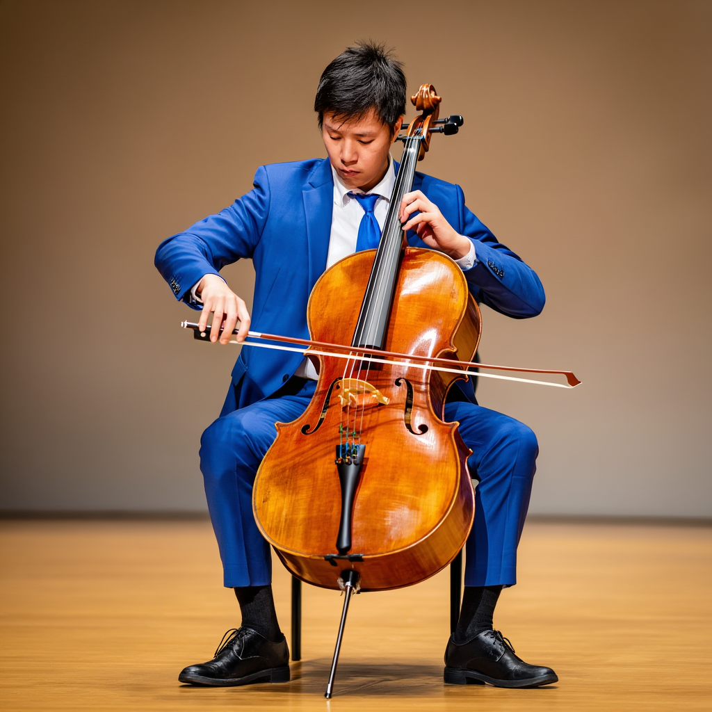A cellist seated with correct posture, legs around the instr