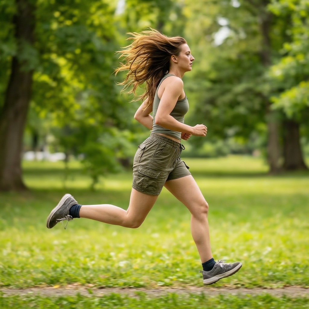 A woman mid-stride running through a park, hair and clothes 