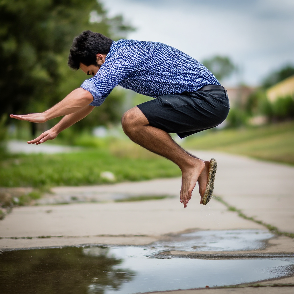A man captured mid-jump over a puddle, body in the air with 