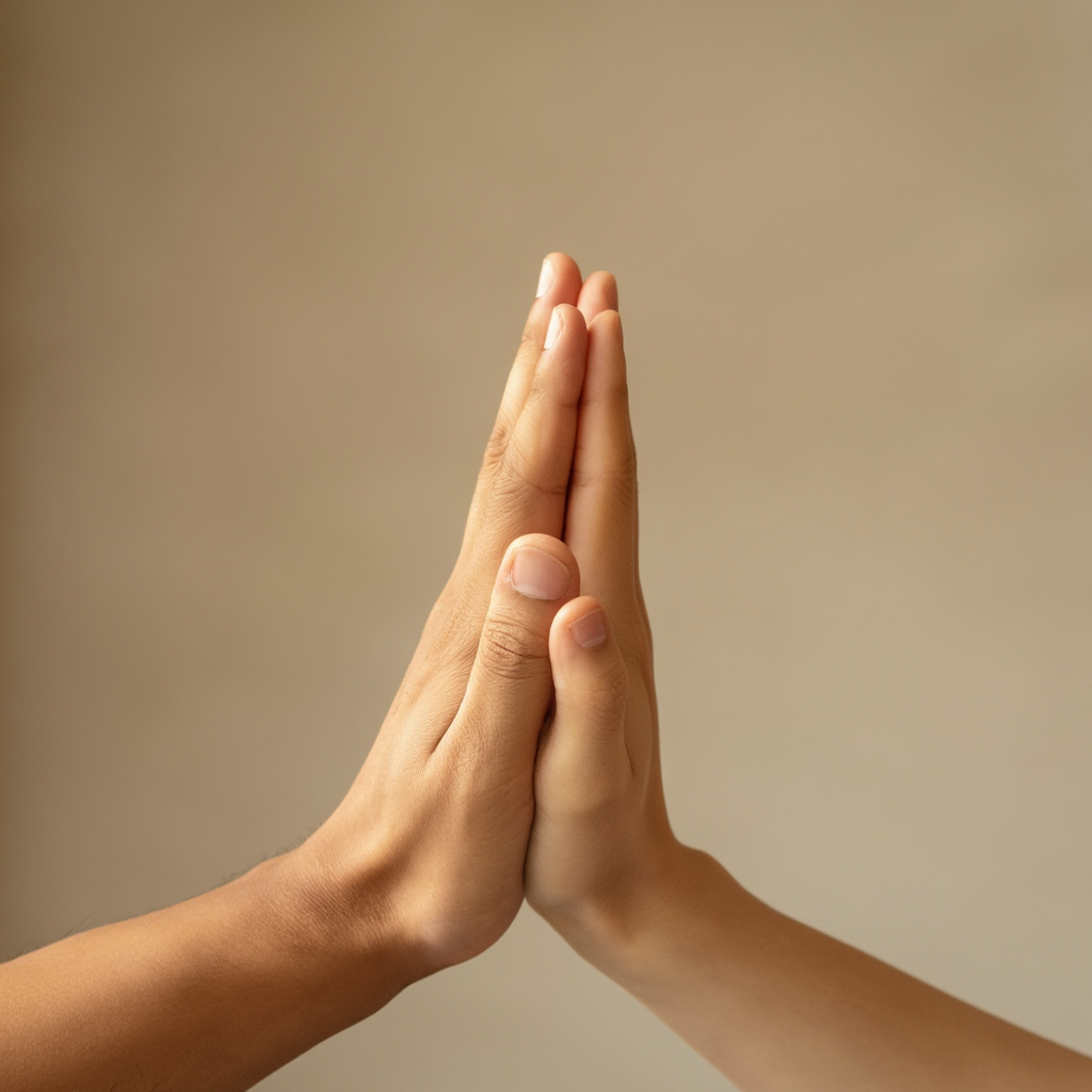 Two people doing a high-five, palms meeting with all fingers