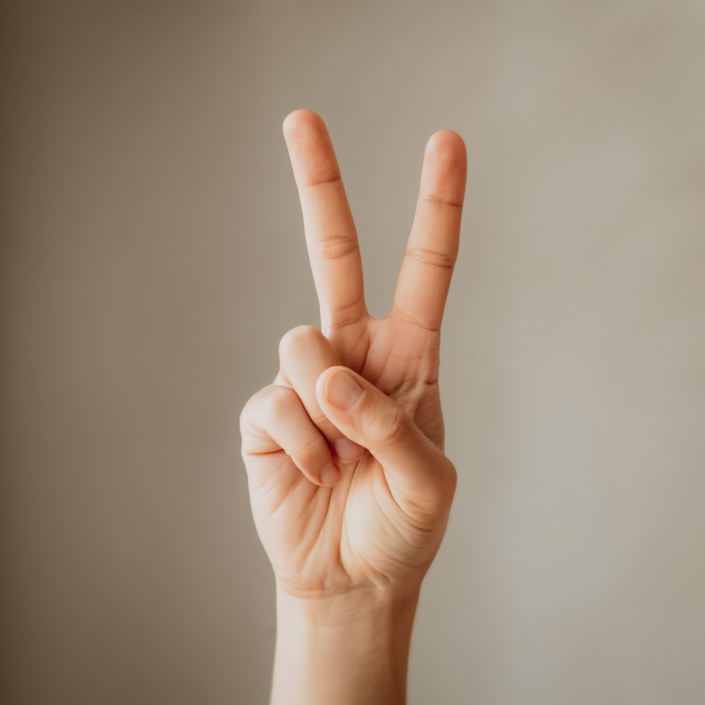 A person making a peace sign with their right hand, clearly 