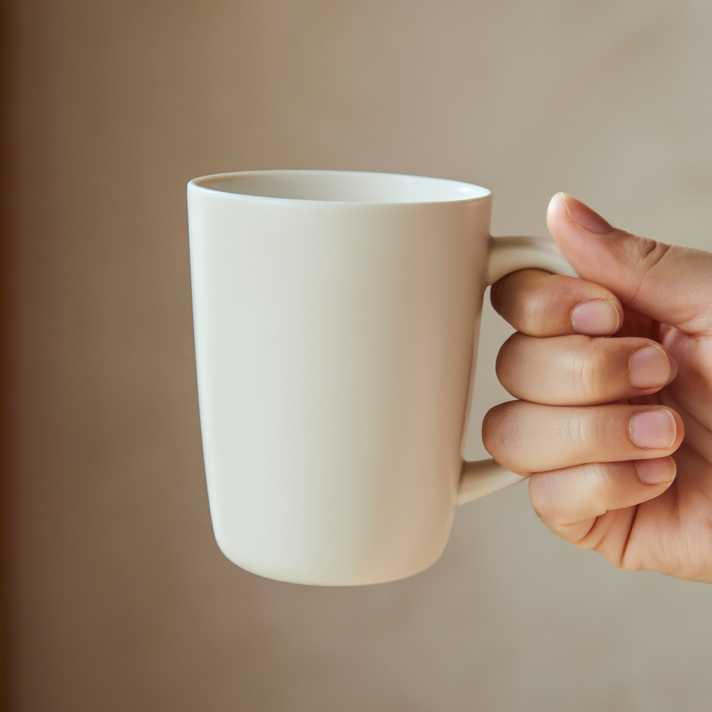 A person holding a white ceramic coffee mug by the handle wi