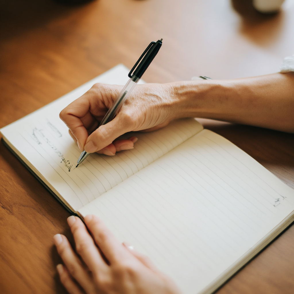 A woman writing in a notebook with a pen gripped correctly i