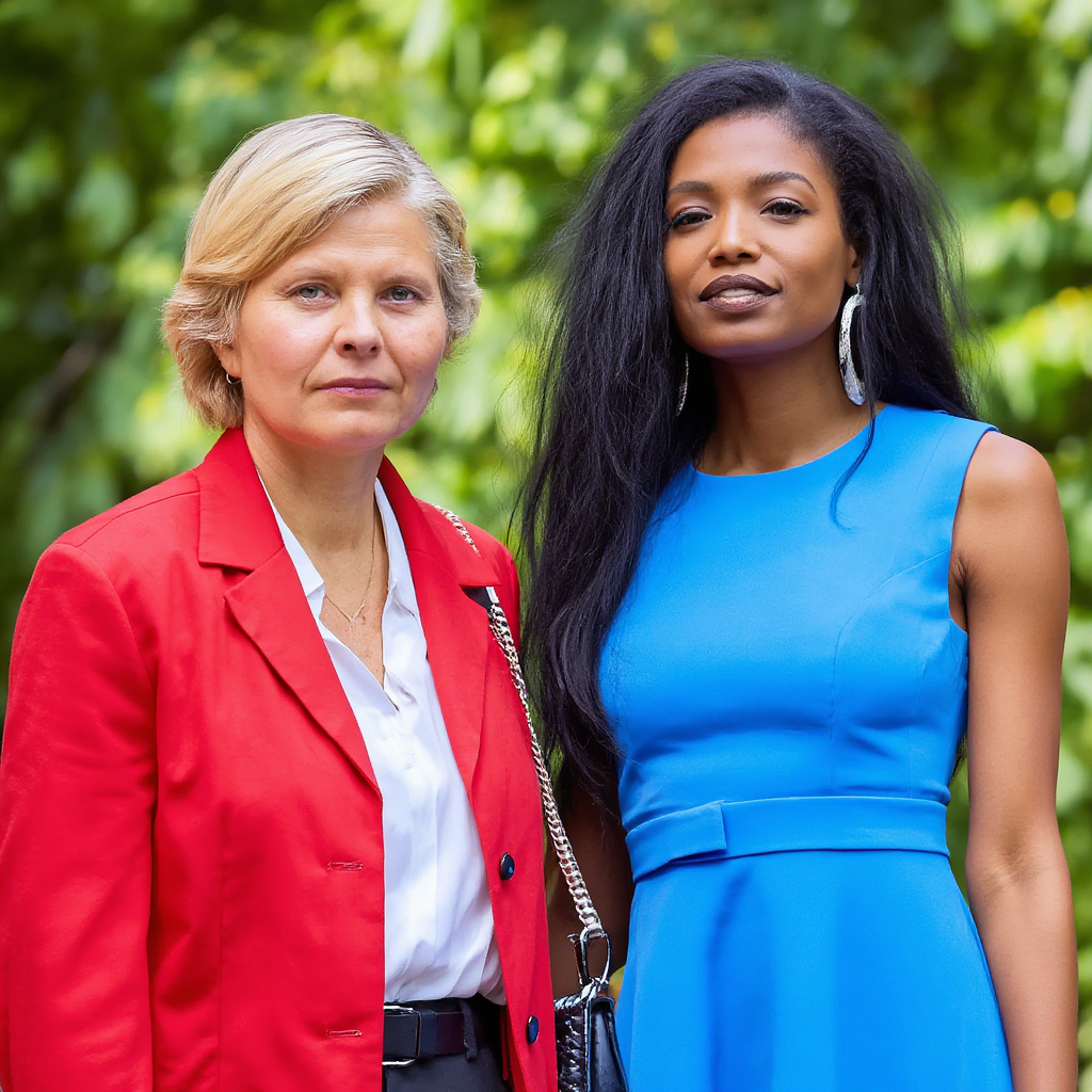 Two women standing side by side: one with short blonde hair 