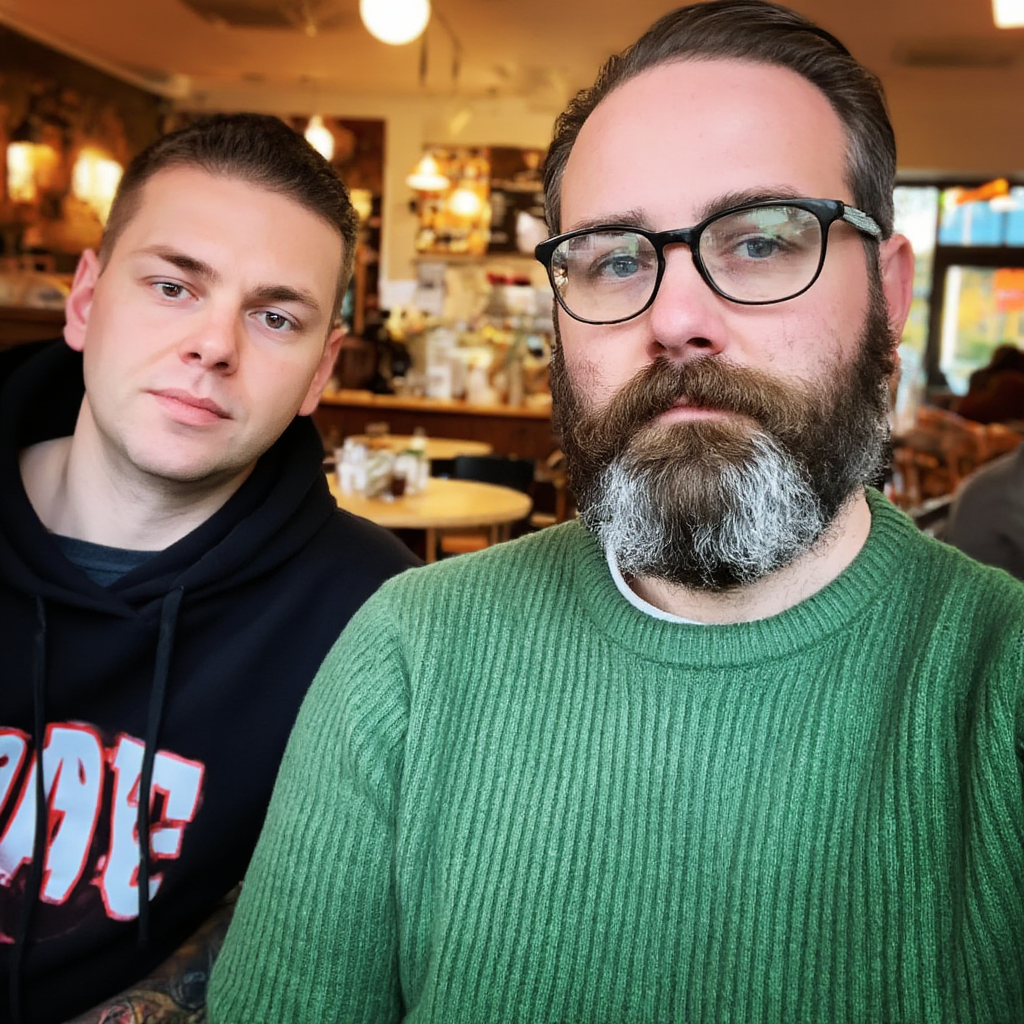 Two men at a cafe: one with a beard and glasses wearing a gr