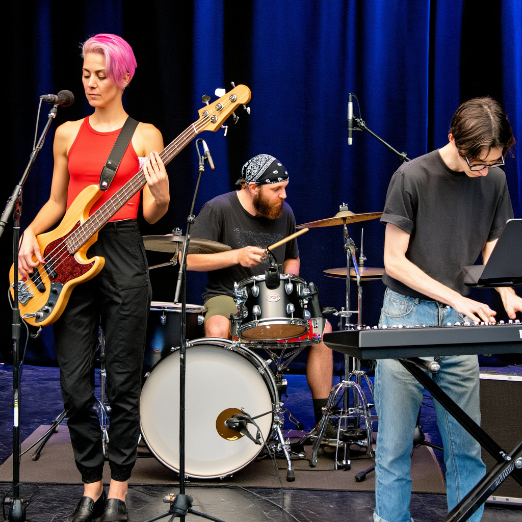 Three musicians on stage: a tall woman with short pink hair 