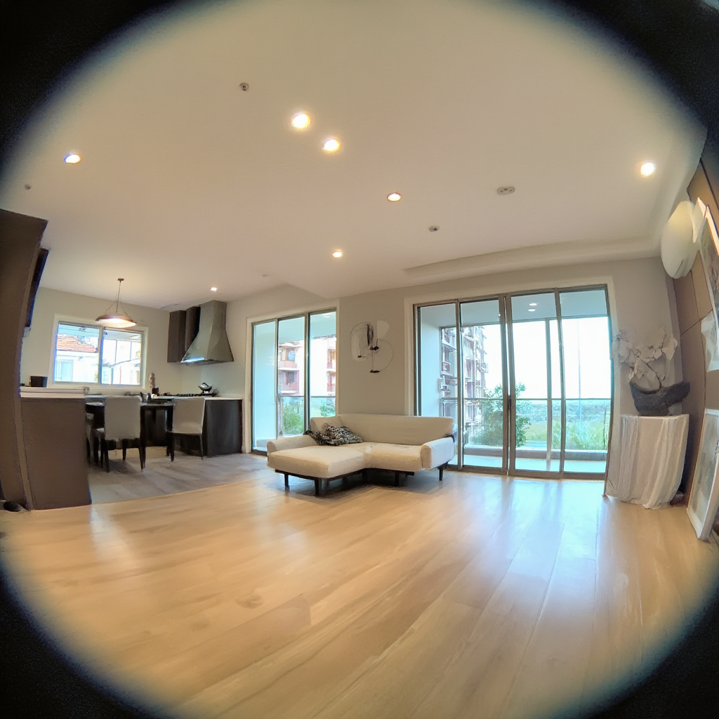 A wide-angle shot of a modern living room interior showing e