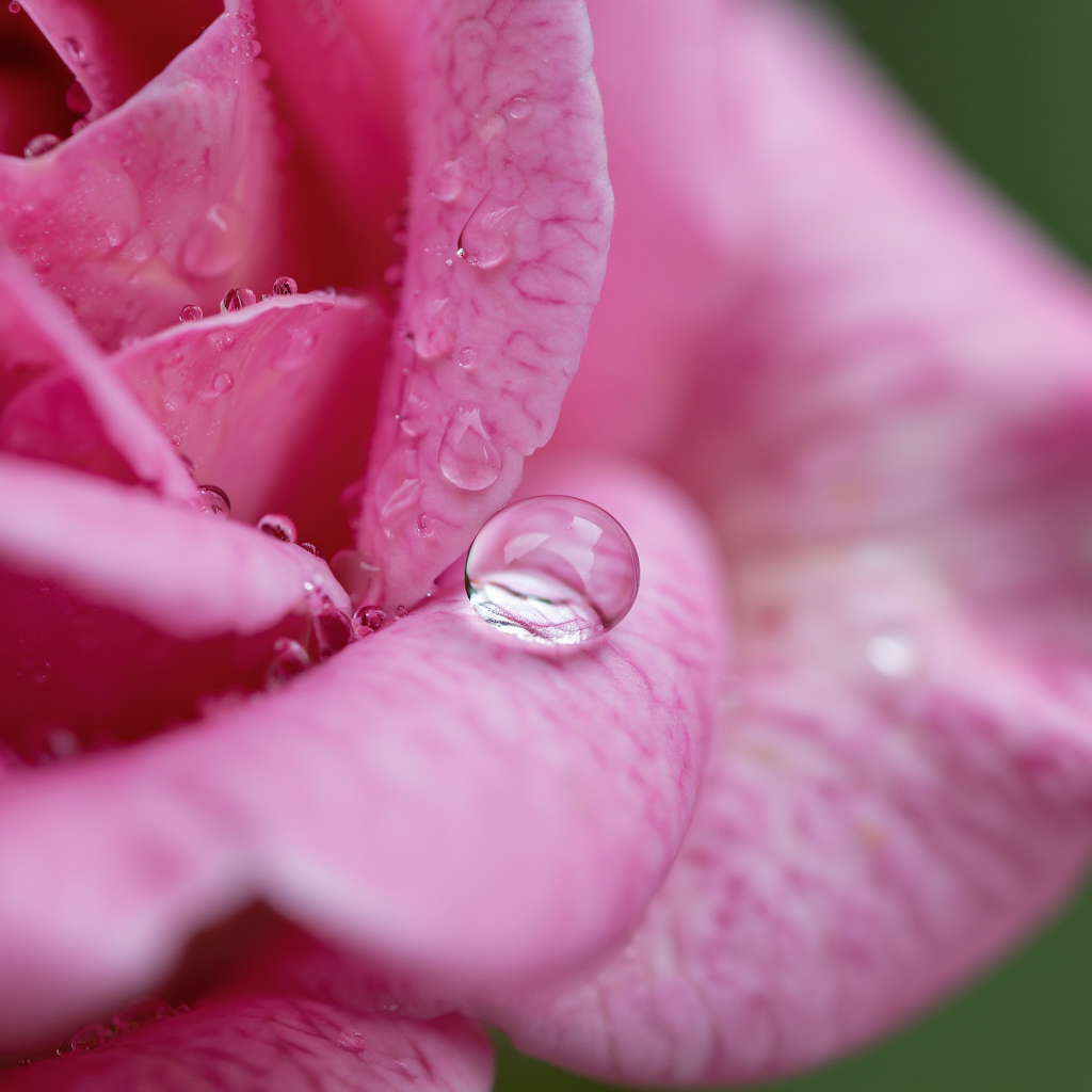 A close-up macro shot of a single dewdrop on a rose petal, s