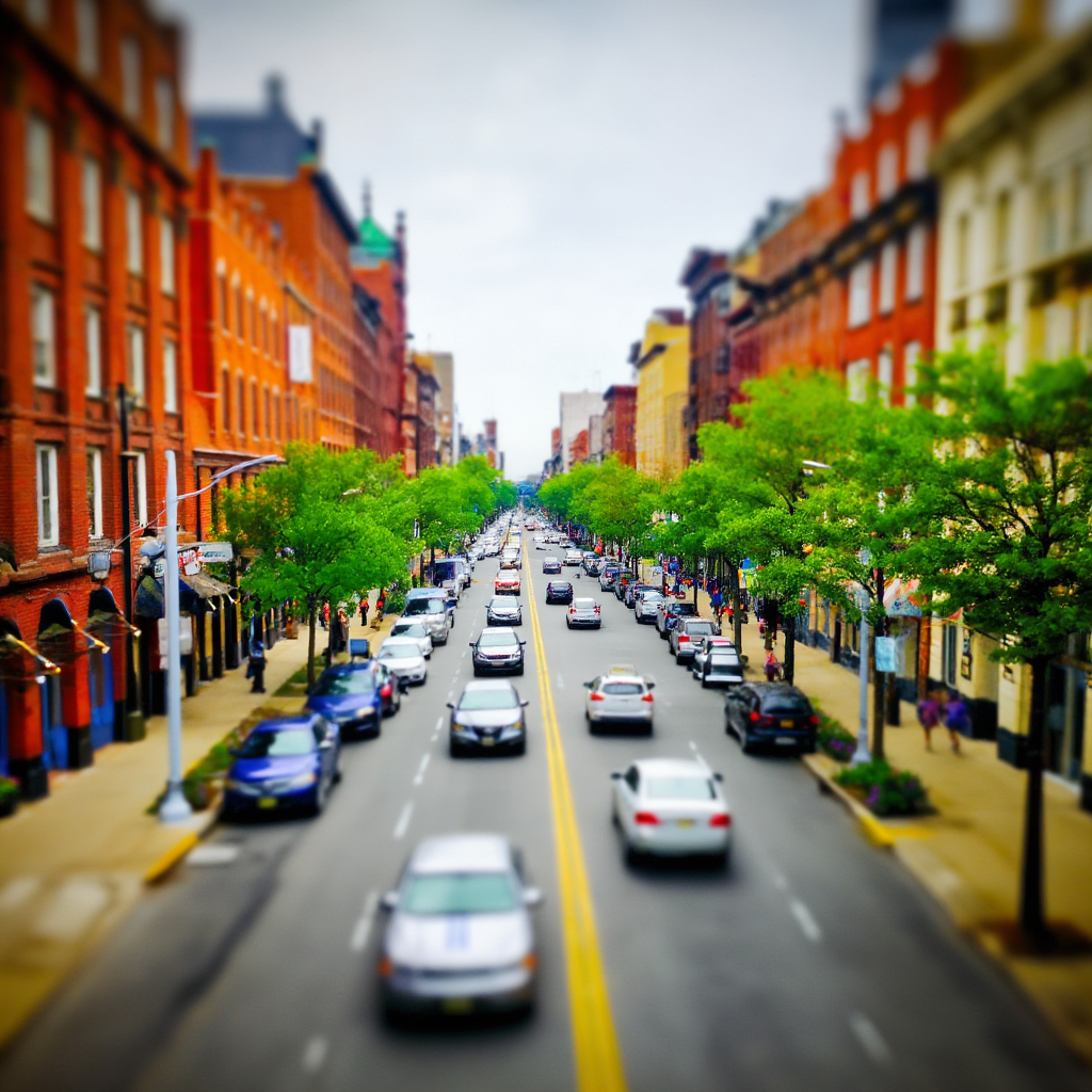 A tilt-shift photograph of a city street making real-life lo