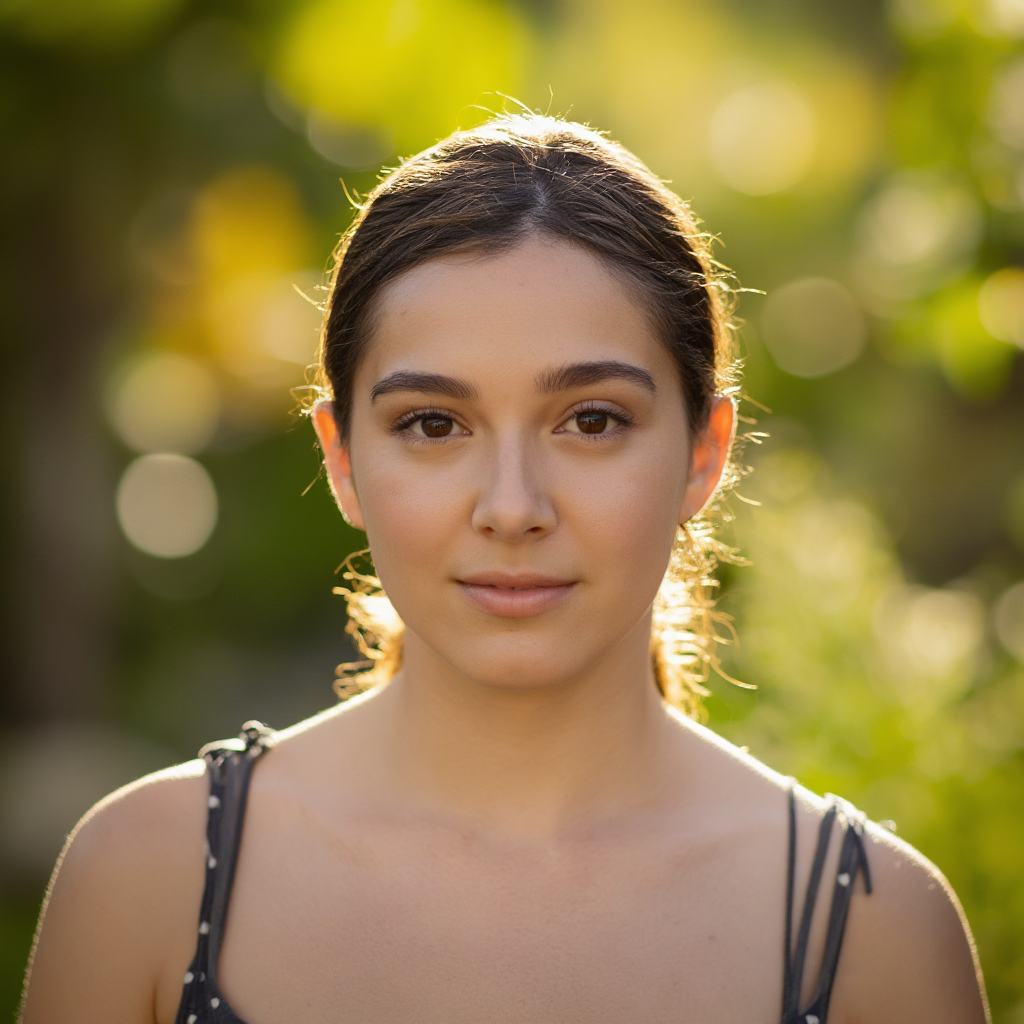 A portrait shot at 85mm f/1.4 with creamy bokeh background, 