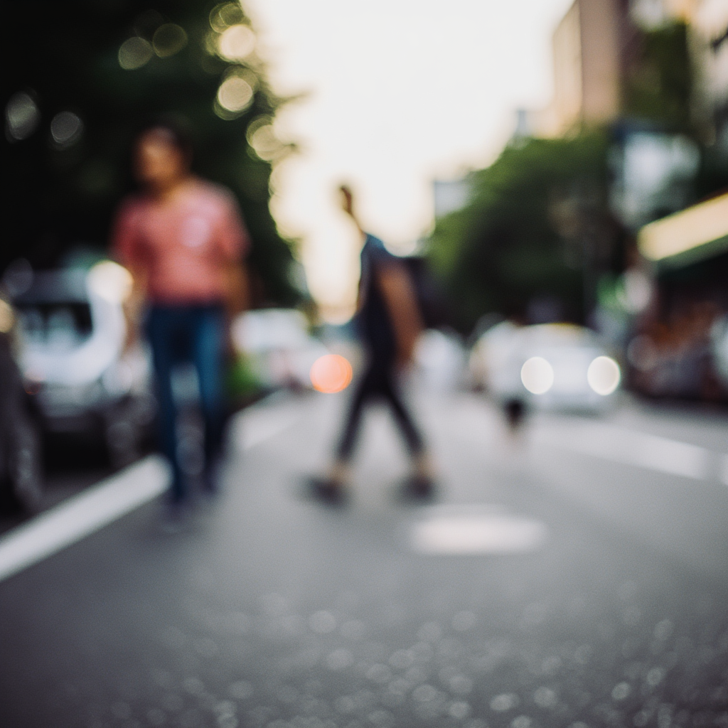 A street photograph with shallow depth of field as if shot a