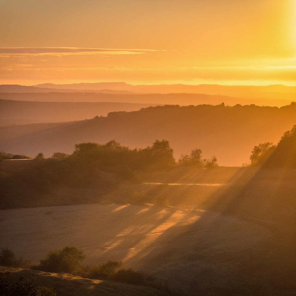 A landscape photograph bathed in golden hour light — long wa