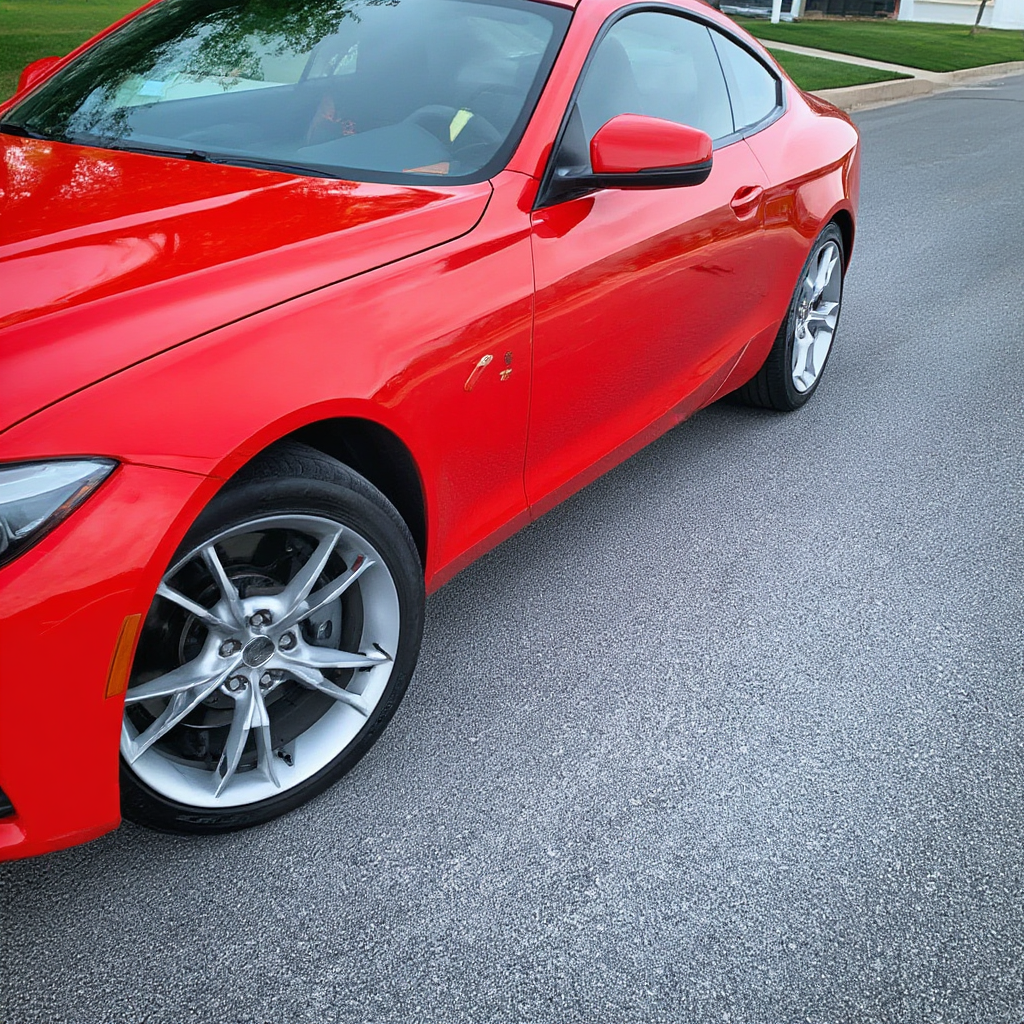 A bright red sports car parked on a gray asphalt road — the 