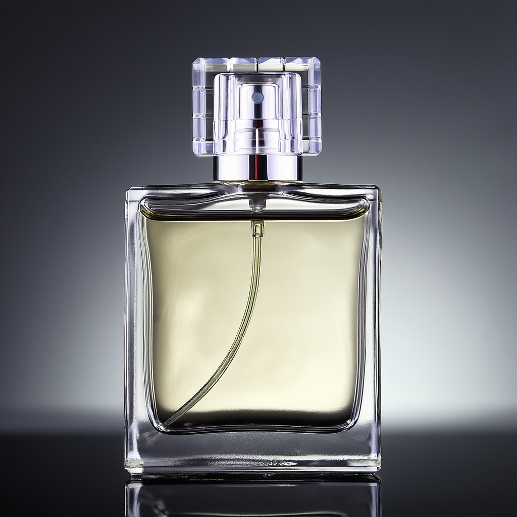 A clear glass perfume bottle on a reflective black surface w