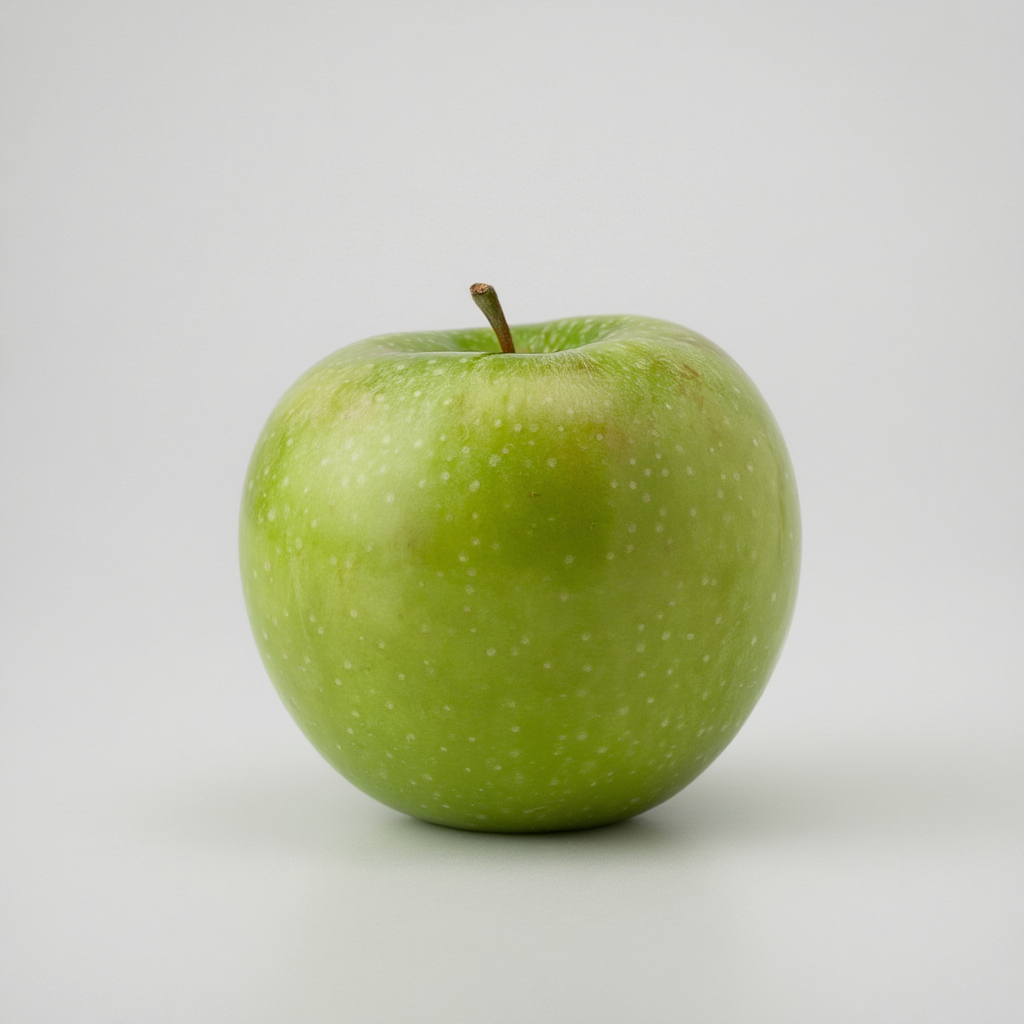 A ripe green apple on a seamless white background with soft 