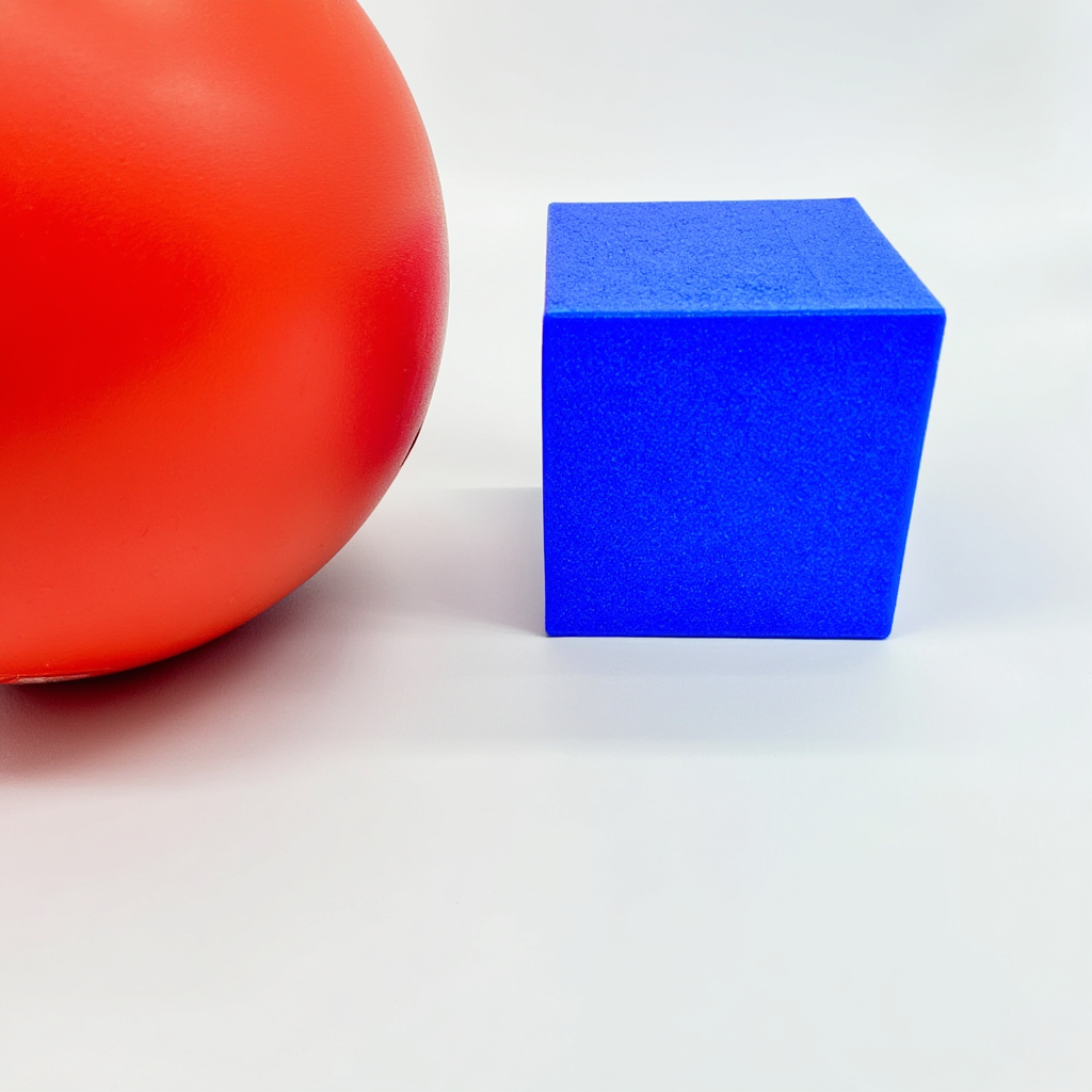 A red ball and a blue cube sitting side by side on a white s