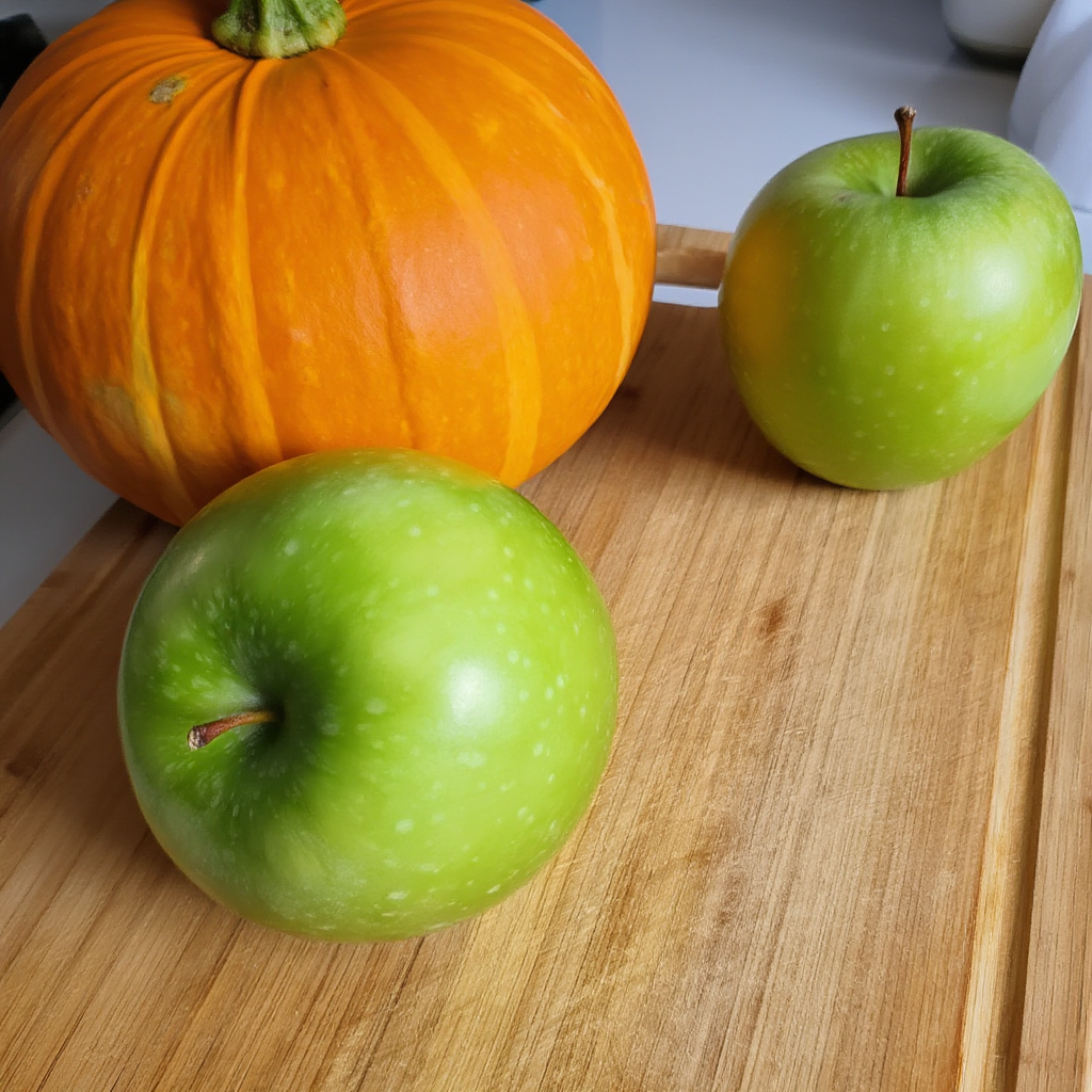 A green apple and an orange pumpkin on a wooden cutting boar