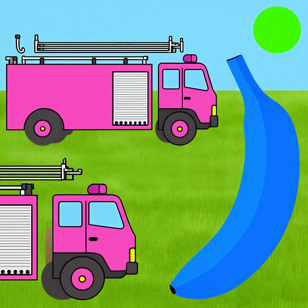 A pink fire truck, a blue banana, and a green sun in a surre