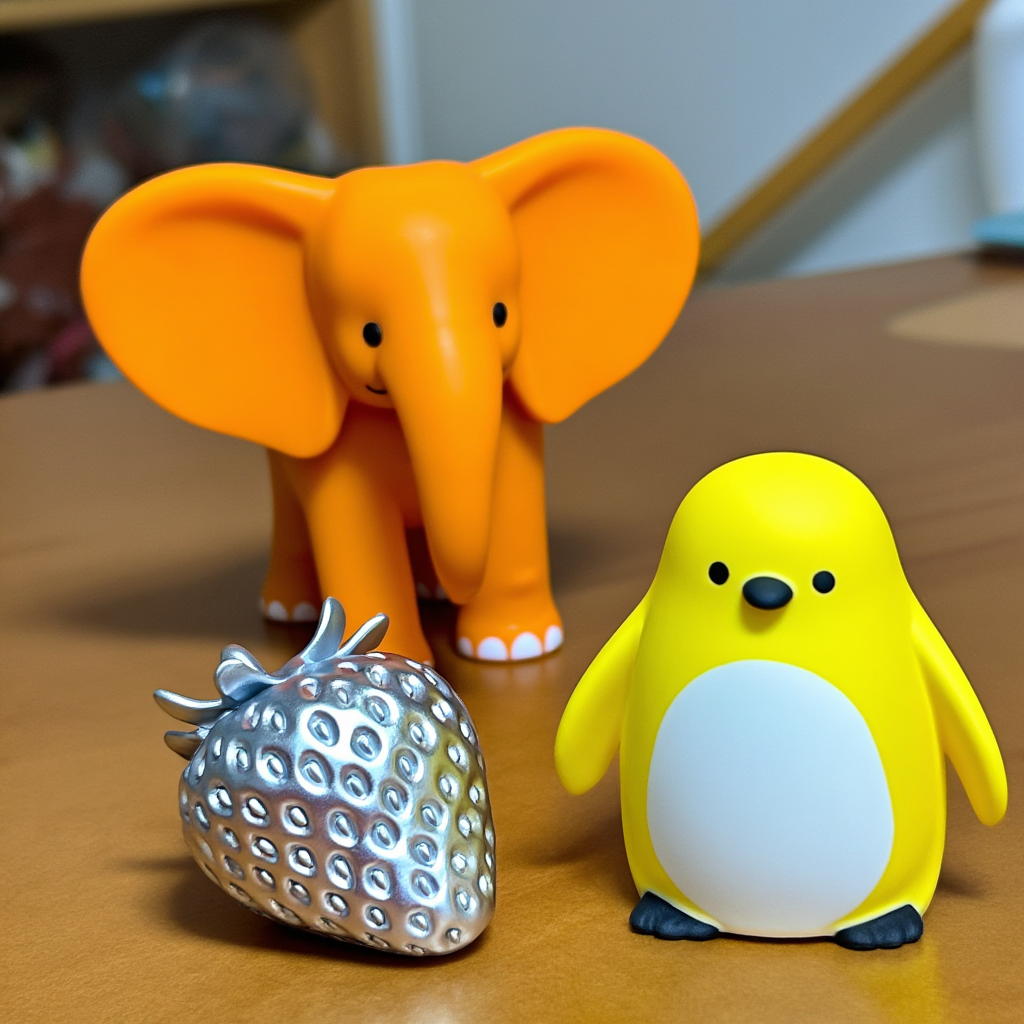 An orange elephant, a yellow penguin, and a silver strawberr