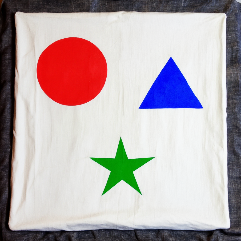 A large red circle, a small blue triangle, and a medium gree