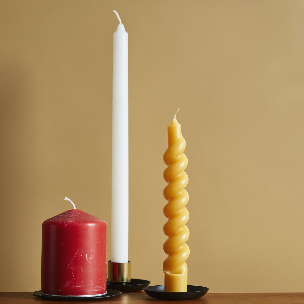 A tall thin white candle, a short fat red candle, and a medi