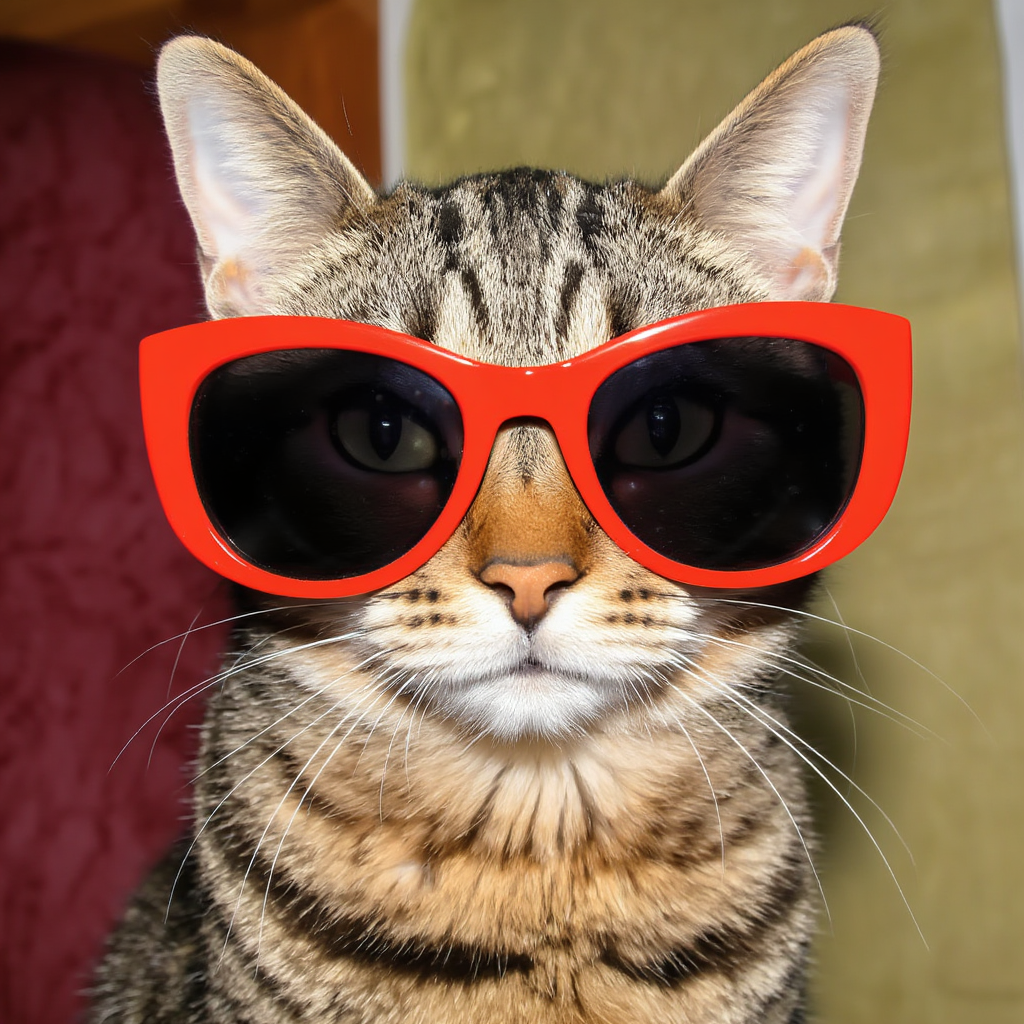 A tabby cat wearing oversized red sunglasses
