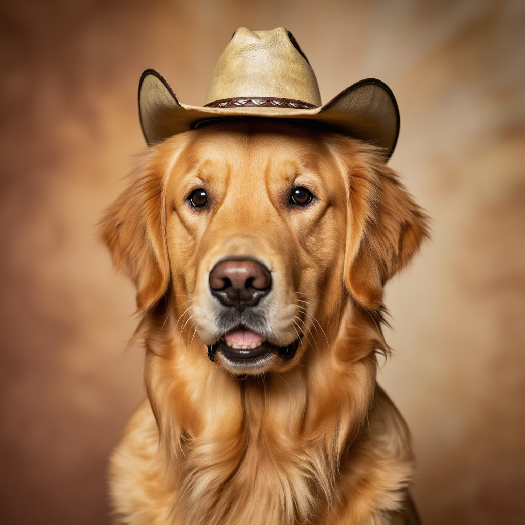 A golden retriever wearing a tiny cowboy hat