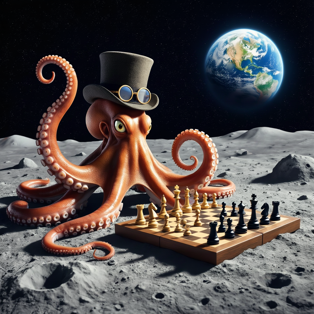 An octopus wearing a top hat and monocle playing chess on th