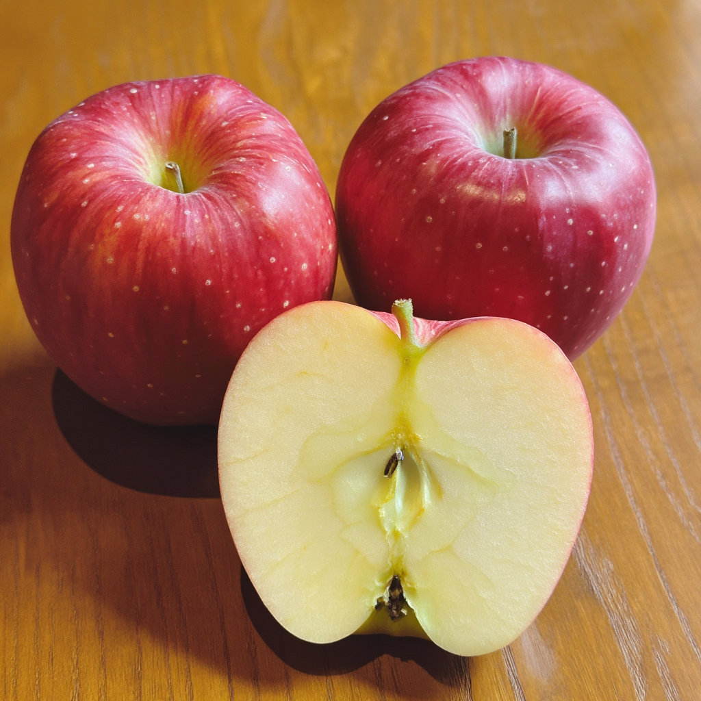 Exactly 3 red apples arranged on a wooden table