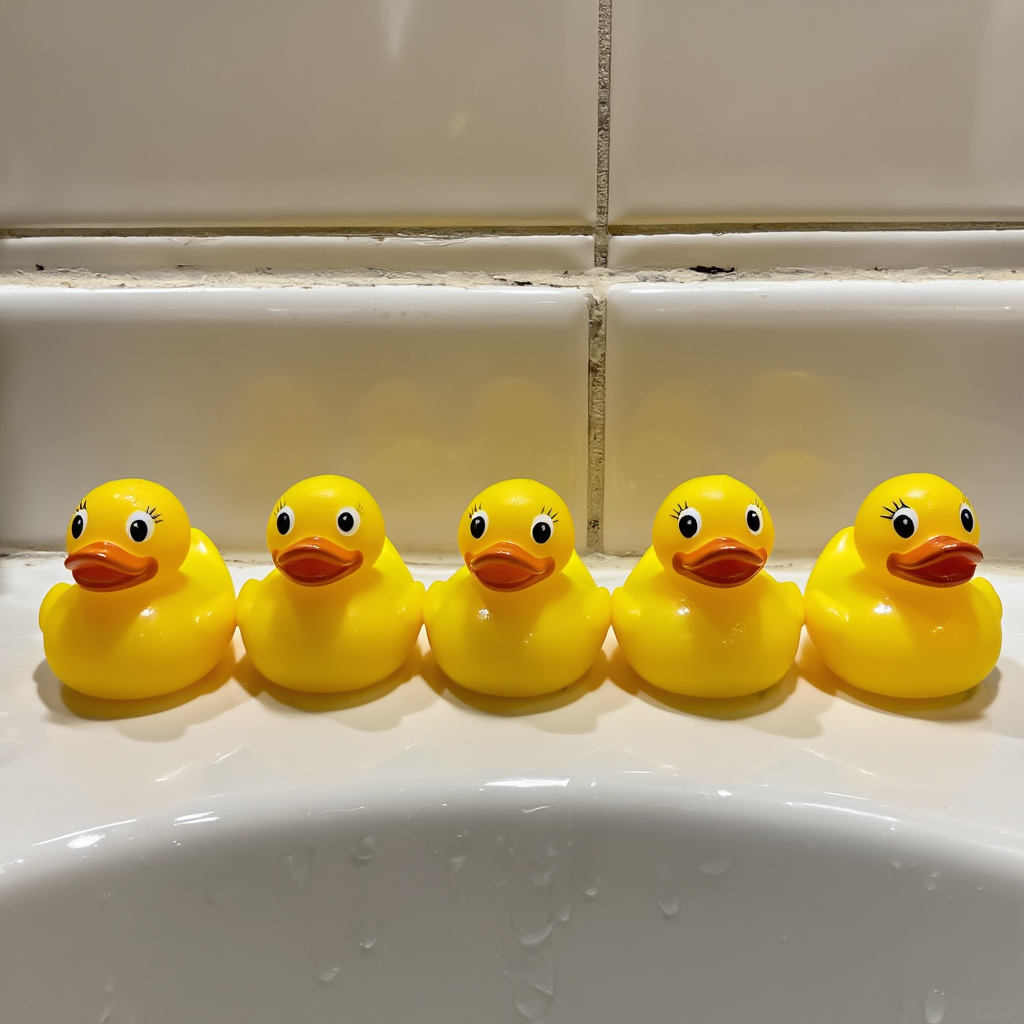 Exactly 5 yellow rubber ducks sitting in a row on a bathroom