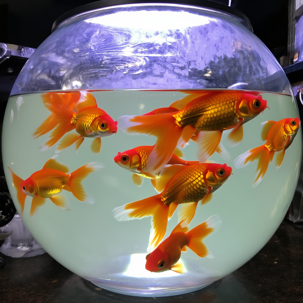 Exactly 9 goldfish swimming in a large round fishbowl